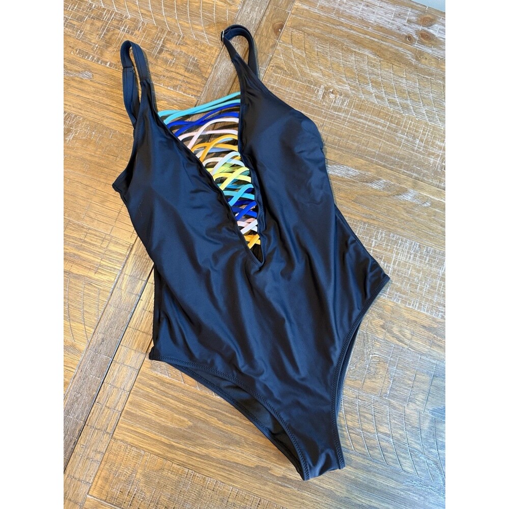 Rainbow Black Front Tie Swimsuit Women‎ Large Swim Wear L One Piece